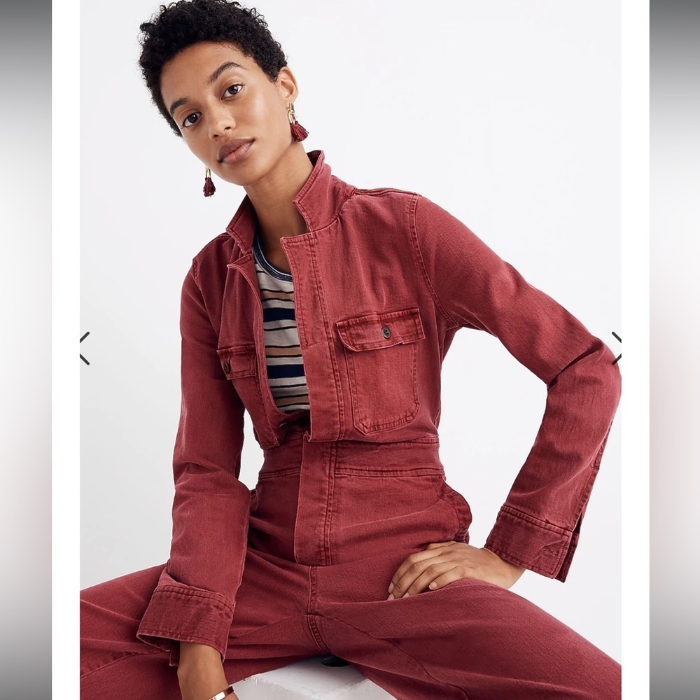 Madewell burgundy dyed denim straight leg overall long sleeve jumpsuit - Picture 2 of 10